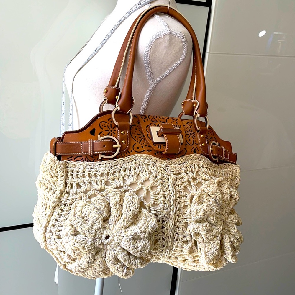 Salvatore Ferragamo Crochet & Leather Tote in Cream and Tan